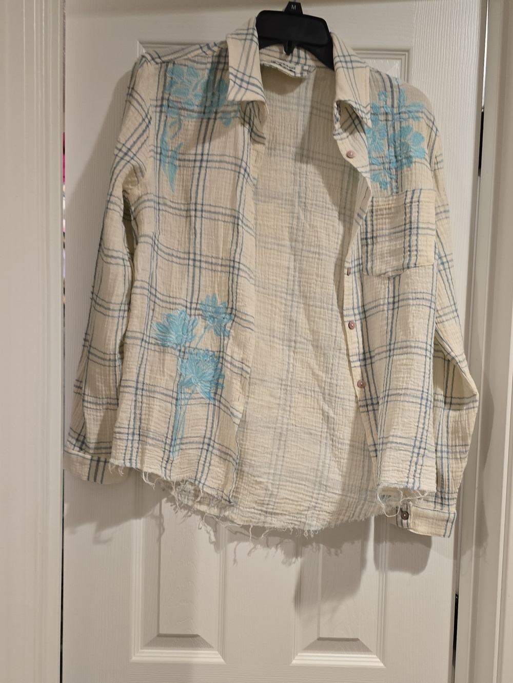 paparazzi Cream Plaid Button-Down Shirt with Light Blue Floral Embroidery